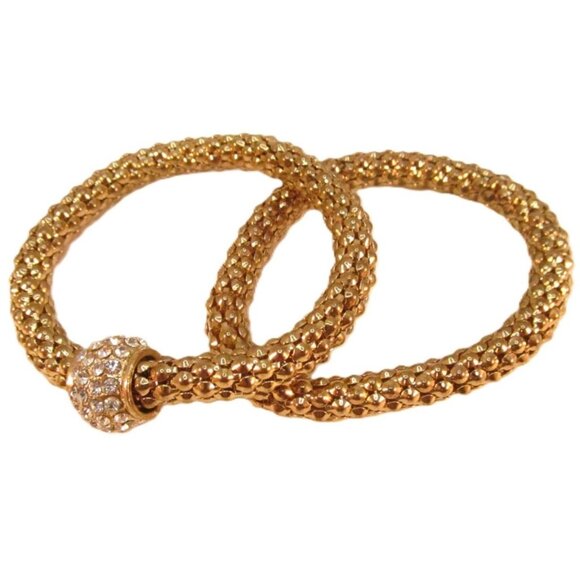 Gold Tone Stretch Metal Mesh Tube Rhinestone Bracelet 2 Piece Lot - Picture 4 of 15